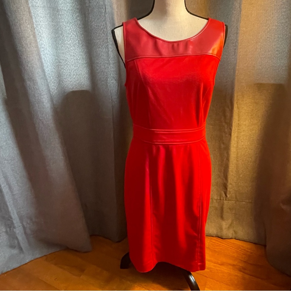 Ladies red  dress with leather accent.  Great for work or a night out.